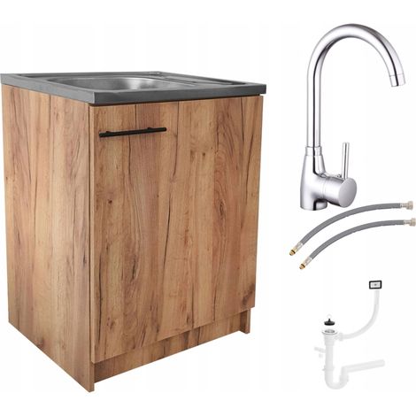 STAMAR  Küchenschrank 60 Slim - Chêne doré - Praktisch und elegant - Großer Edelstahlspülbecken