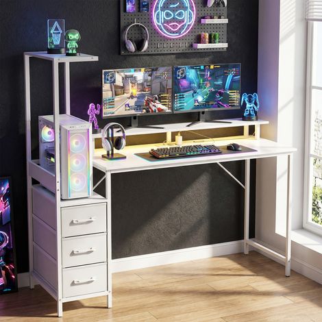 Escritorio para juegos de 147 cm, mesa para ordenador con soporte para CPU ajustable y reversible, luces RGB, tomas de corriente, puertos USB y USB-C, soporte para monitor y 3 cajones de tela, color b