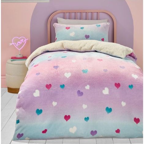 Housse de Couette en Polaire Rose cœur Lit Simple 140 x 200 cm Housse de Couette Douce et Confortable Rose ombré pour Filles Parure de lit Arc-en-Ciel avec cœur d'amour pour Enfants (1/3)