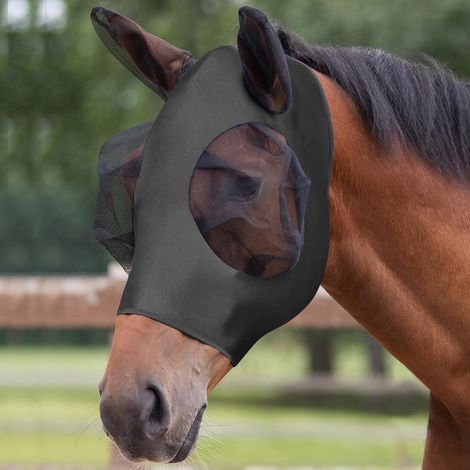Élasticité Masque de Mouche de Cheval, Nylon Masque Anti-Mouches Protection, Masque Anti Mouche Cheval, Anti-Mouches/Anti-UV/Protéger Les Yeux et Les Oreilles(Noir) (1/5)