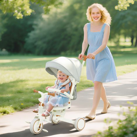 Tricycle bébé évolutif 5 en 1. tricycle enfant pliable avec poignée réglable. capote amovible. pour 1-3 ans. crème