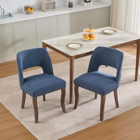 Pack de 2 sillas de comedor, sillas de cocina acolchadas con respaldo envolvente de orejas y patas de madera maciza, tejido chenilla, azul (1/5)