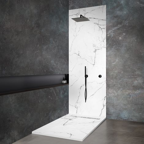 Receveur de douche 120x90 cm en résine effet marbre blanc avec caniveau (1/5)