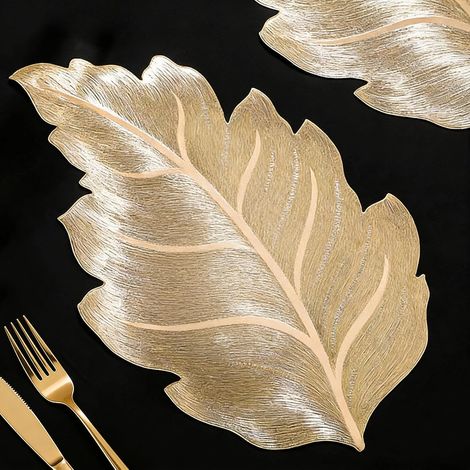 Set mit 6 goldenen Vinyl-Tischsets – blattförmig, abwaschbar, geeignet für Veranstaltungen, Heimdekoration und den täglichen Gebrauch (51 x 32 cm)