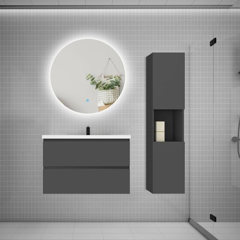 Ensemble meuble anthracite et vasque L.80cm 2 tiroirs + colonne1 haut + lavabo + miroir 60x60cm-suspendu