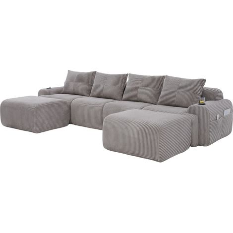 ELVMI Modulares Sofa 4 Sitzer mit Becherhalter und Seitentasche in Cordstoff Hellgrau (1/5)