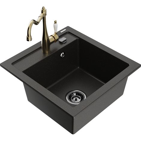 Mexen Vito lavello in granito a 1 vasca con rubinetto da cucina Carla, nero/oro metallizzato - 6503-75-670700-50-B (1/5)