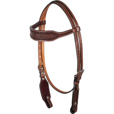 taglia unica, Chestnut: Testiera western in cuoio con frontalino largo e cucitura a contrasto modello x-stitch