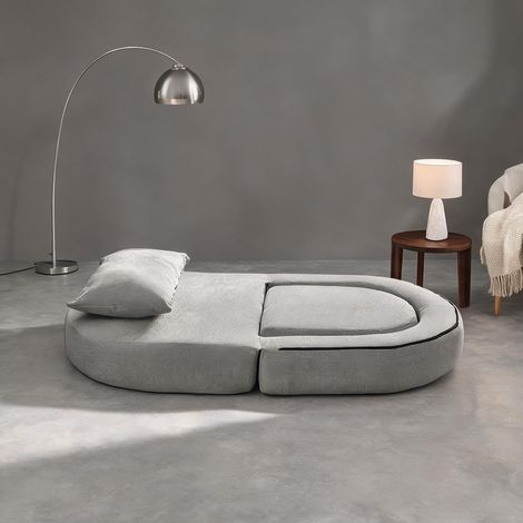 Canapé lit futon convertible 2 places en chenille gris clair (1/5)
