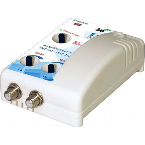 Amplificateur TV 2 sorties – Gain 29 dB – Bande passante 470 à 694 MHz – LED de réglage pour qualité optimale – Elap