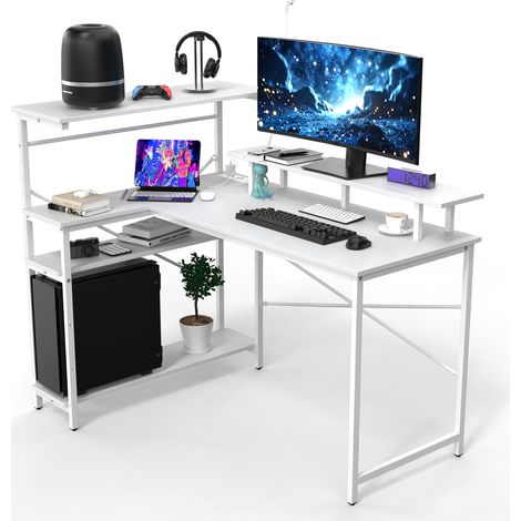 Haloyo – Bureau d'angle gaming 100x55x75cm – Panneau de particules en fibre de carbone – Cadre en acier – Rack de stockage multicouche (1/5)