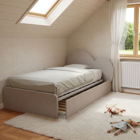 Letto a cuore 1 piazza e mezza con secondo letto estraibile - Perfetto per camerette - Effetto tessuto