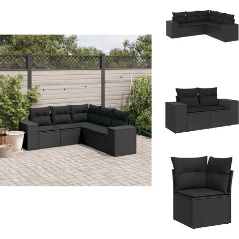 Salon de jardin 5 pcs avec coussins noir résine tressée - Salon De Jardin - Meuble De Jardin - Salon Extérieur - Ensemble De Canapés - Canapé D'angle (1/5)