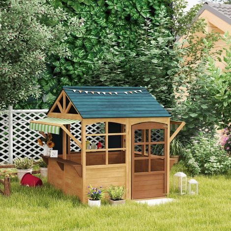 Spielhaus aus Holz für Kinder, faltbares Spielhaus mit Fenstern, funktionierender Tür, Tankstellen, Regenschutz, braun
