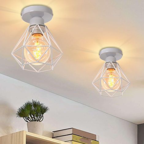 Lot de 2 Plafonnier Industrielle en Métal Cage Carré, Lustre Abat-jour Fer Suspension Luminaire E27 Noir pour Salon Chambre Bar (Mini Diamant Blanc) [Classe énergétique A]