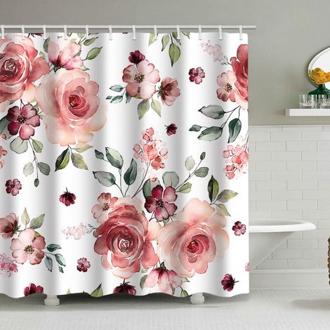 180 x 180 cm Duschvorhang mit Blumen- und Blattmuster, Aquarell-Blumenmuster in Pastellfarben, wasserdichtes Polyestergewebe für Badezimmer, inklusive 12 Haken