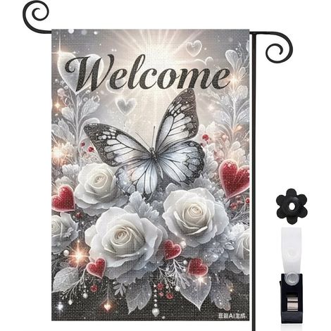 Drapeau de jardin bienvenue 30 x 45 cm motif papillon et fleurs design doux toile double face pour maison (1/5)