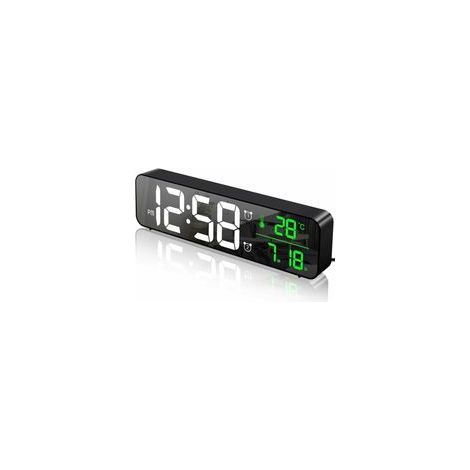 Réveil numérique à poser ou mural, grand écran miroir LED, température, date, 2 alarmes, 40 musiques, 6 luminosités, USB, noir – (1/5)