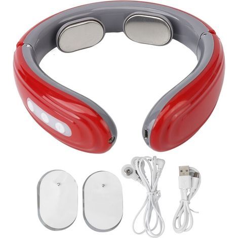Masseur cervical sans fil 6 modes 9 intensités - Rechargeable avec patches TENS - Rouge - Soulagement efficace (1/4)