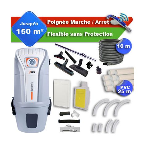 Aspirateur central SACH VAC Dynamic 2.4 kW garantie 4 ans + flexible rétractable 16 m + poignée marche/arrêt + 7 accessoires + kit 1 prise RETRAFLEX + kit prise balai (rayon d'action 150 m2) (1/5)