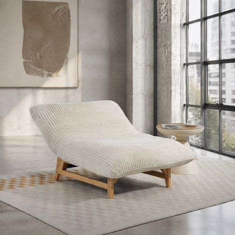 Einzelner verstellbarer Lounge-Sessel aus weißem Cord mit Holzstruktur (1/5)
