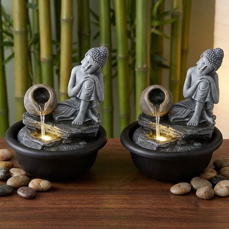 2x fontana Buddha da interno cascata grigia decorazione LED H 19 cm