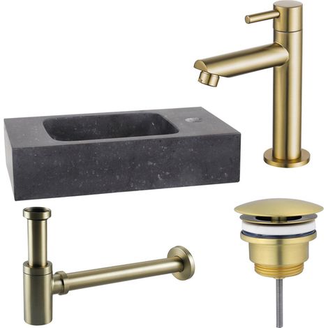 FugaFlow Eccelente Arredo Pack Lave-mains - 40x22x9cm - 1 trou de robinet - pierre naturelle - robinet Laiton brossé - Noir
