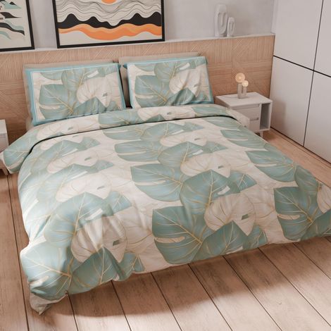 Housse de Couette 1,5 Place 200x200 cm (2 Taies 63x63 cm Incluses), Parure en Microfibre Imprimée Tropical Céleste O (1/5)