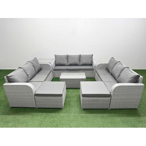 Fimous PE Rattan Lounge Sofa Set 11 Seater Outdoor Garden Furniture Set with Rectangular Coffee Table 3 Seater Sofa 2 Big Footstools Side Table Light Grey (1/5)