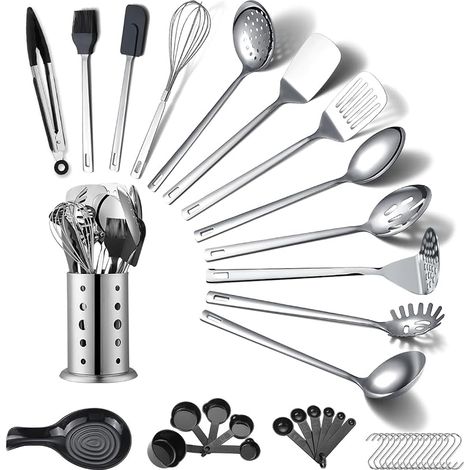 40-teiliges Küchenutensilien-Set aus Edelstahl mit Utensilienhalter, Küchenhelfern, Küchenutensilien, Metallspatel-Set (1/5)