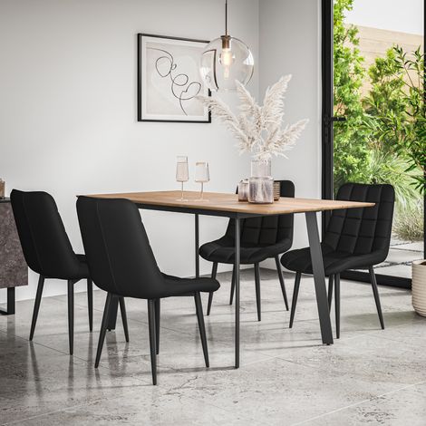 Haydon Extending Dining Table + Chairs- Oak Effect Table Top w Black Legs + Nova Faux Leather Dining Chair Set Of 4 (Black) (1/5)