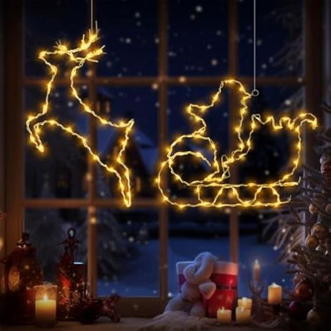 Lot de 2 guirlandes lumineuses de Noël à LED représentant des rennes avec traîneau, pour l'intérieur et les fenêtres. (1/4)