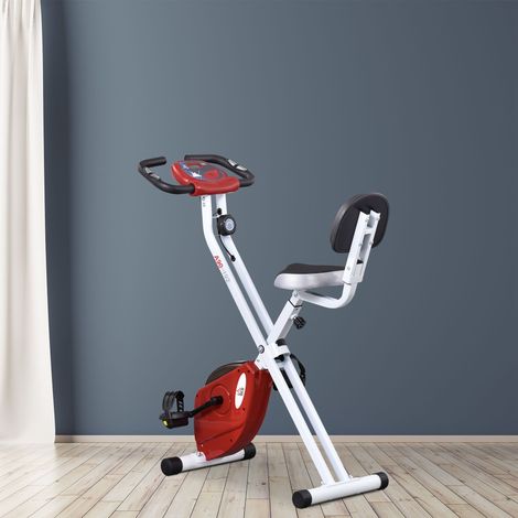 Klappbares Heimtrainer-Fahrrad, Fitnessbike, Indoor-Bike, 8 Widerstandsstufen mit Magnetbremse, verstellbarem Sitz und Rückenlehne, Multifunktions-LCD-Bildschirm, Herzfrequenzsensor, rot