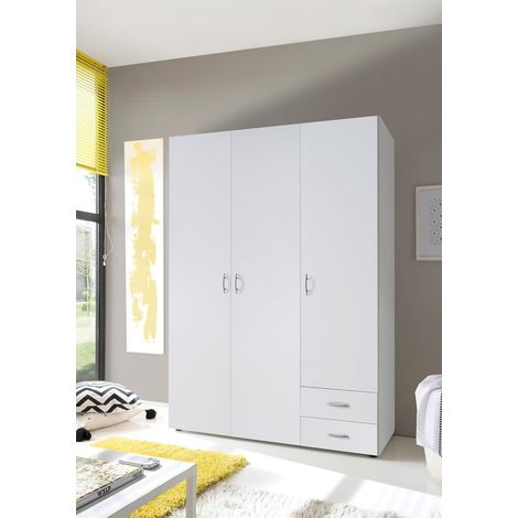Armadio Guardaroba 3 Ante e 2 Cassetti Armadio Camera da Letto Moderno 121x177x51 cm (LxHxP) Ampio Spazio Organizzativo con Barra Appendiabiti Colore Bianco