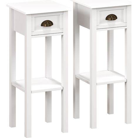 Ensemble de 2 élégantes tables de chevet avec tiroir et étagère, 30 x 30 x 75 cm, blanches (1/5)
