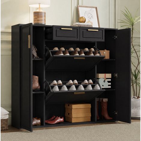 Zapatero 95x24x107.5 cm negro en tablero de partículas con estantes regulables y 2 cajones (1/5)