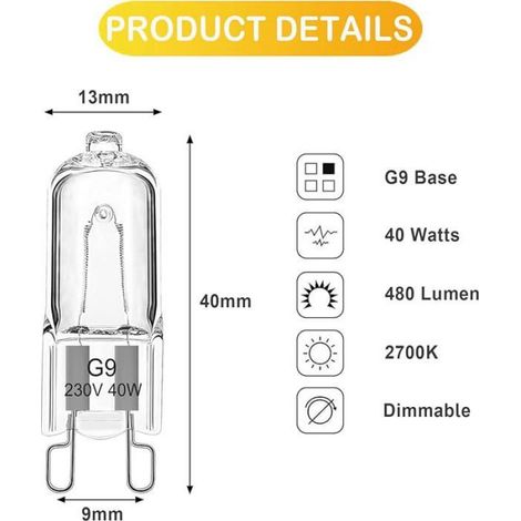 Ampoule Halogène G9 Pour Four 40W 230V Ampoule de Four G9 Dimmable Tolérance 300°C Pour 40,0 Watts AMPOULE (1/5)