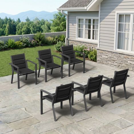 lot de 6 Chaise de Jardin Empilable, Fauteuil en Aluminium avec Tissu Textilène et Mousse à Séchage Rapide, Respirante, Confortable et élastique, ne Fatigue pas Après une longue Assise, Gris (1/5)