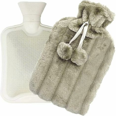 Bouillotte Eau Chaude 2 litres avec Caoutchouc Naturel Et Housse Fausse Fourrure. Anti-Fuite Bouteille d'eau Chaude. Fournir Chaleur Et De Confort- Gris Clair (1/5)