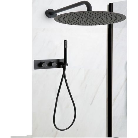 Milano Nero 2 Outlet Twin Diverter Thermostatic Mixer Valve with 300mm Round Wall Mounted Rainfall Shower Head and Hand Shower Handset Kit - Black (1/4)