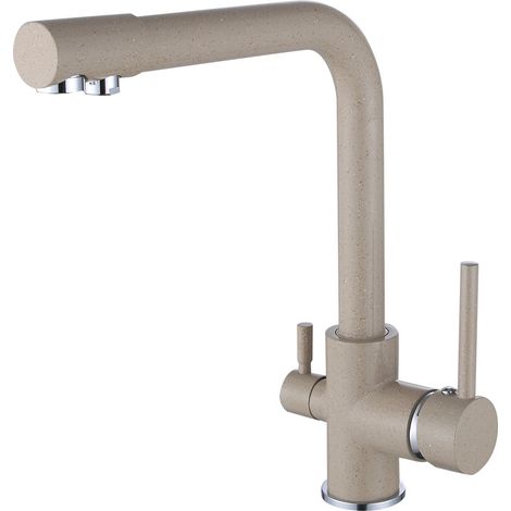 Rubinetto Cucina 3 Vie Miscelatore Cucina Girevole a 360° Regolabile Fredda Calda e Acqua Pura Includere Tubo 3/8" Beige