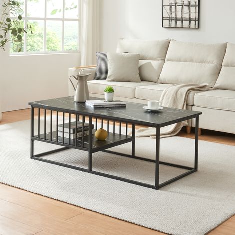 Tavolino Centrale da Salotto Raukurg con Ripiano 120 x 60 x 44 cm - Effetto Marmo Nero [en.casa]