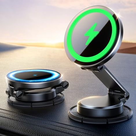 Supporto per auto con funzione di ricarica sul cruscotto [completamente in metallo e pieghevole] Caricabatterie MagSafe da 15 W, caricabatterie magnetico wireless per auto per iPhone 16 15 14 13 12 Pr