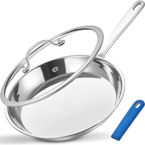 Poêle à frire 26 cm Inox 18/8, Induction Manche bleu démontable, Sans PFAS/PFOA, Couvercle verre, tous feux, four, lave-vaisselle (1/5)