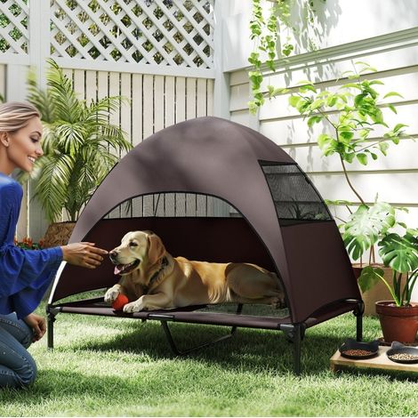 Cama elevada para perro de exterior con techo 106 x 76 x 99 cm para perros grandes marrón (1/5)