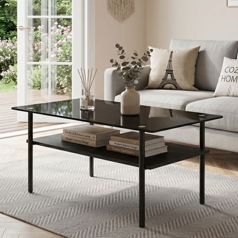 Schwarzer Couchtisch mit Glasplatte, MDF-Ablage und Metallgestell (1/5)