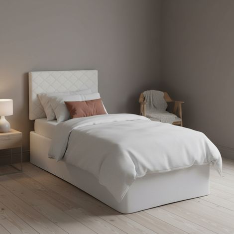 Dmora - Cama individual Dbertin, Juego de cabecero en ecopiel con base ortopédica y cenefa, 100% Made in Italy, adecuado para cama individual, para colchón de 80x190 cm, Blanco (1/4)