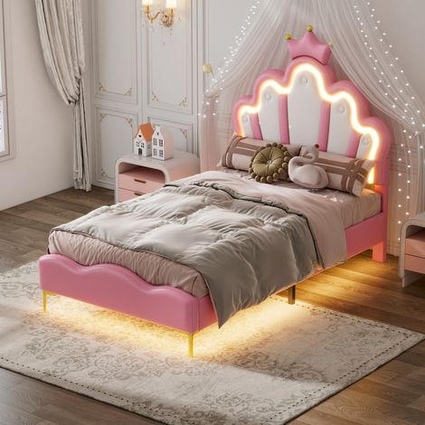 Polsterbett 90/200 cm rosa aus PU-Kunstleder mit LED-Beleuchtung und verstellbarer Höhe (1/5)