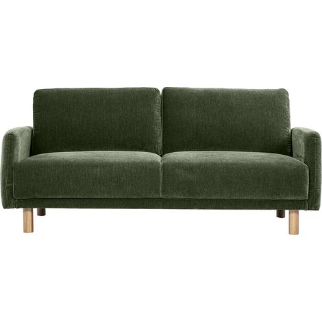 Divano design 3 posti in tessuto effetto velluto verde kaki e legno chiaro BONO