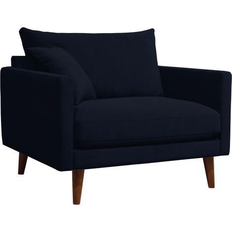 Fauteuil XL en velours pieds bois foncé - Bleu marine - VILLABON (1/5)